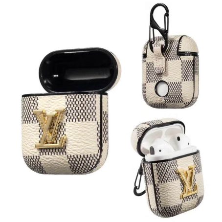 Louis Vuitton White Checkerboard with Metal LV Airpods Pro 1 2 3 Case