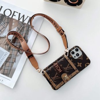 [Crossbody] Louis Vuitton Brown/Yellow Monogram Back Wallet Case iPhone 14 13 Pro Max Xs Max XR 7 8 Plus