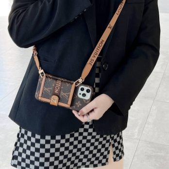 [Crossbody] Louis Vuitton Brown/Yellow Monogram Back Wallet Case iPhone 14 13 Pro Max Xs Max XR 7 8 Plus