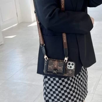 [Crossbody] Louis Vuitton Brown/Black Monogram Back Wallet Case iPhone 15 13 Pro Max Xs Max XR 7 8 Plus 12 13 Mini