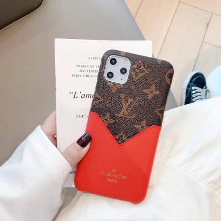 Louis Vuitton Red/ Brown Monogram Slim Card Holder Case for iPhone 14 13 12 11 Pro Max