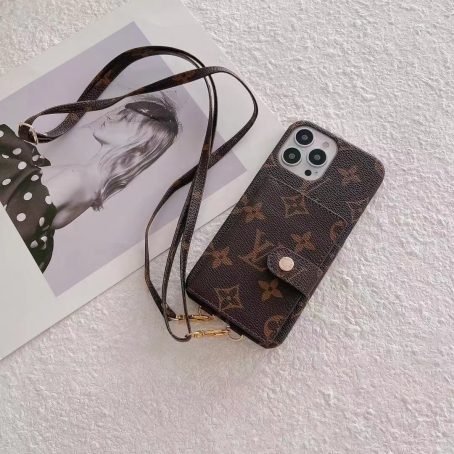 [Crossbody] Louis Vuitton Brown Monogram Back Wallet Case iPhone 13 Pro Max Xs Max XR 7 8 Plus 12 13 Mini
