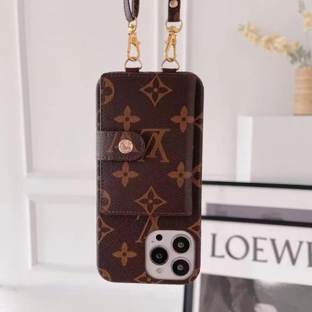 [Crossbody] Louis Vuitton Brown Monogram Back Wallet Case iPhone 13 Pro Max Xs Max XR 7 8 Plus 12 13 Mini