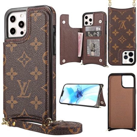 [Crossbody] Louis Vuitton Brown Monogram Back Flip Wallet Case iPhone 14 13 Pro Max Xs Max XR 7 8 Plus 12 13 Mini