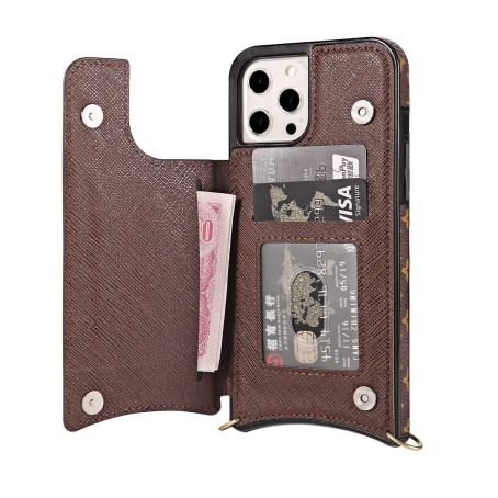 [Crossbody] Louis Vuitton Brown Monogram Back Flip Wallet Case iPhone 14 13 Pro Max Xs Max XR 7 8 Plus 13 12 Mini