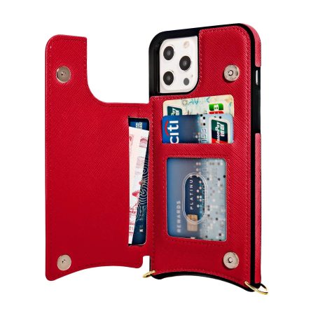 [Crossbody] Louis Vuitton Red Canvas Back Flip Wallet Case iPhone 13 14 Pro Max Xs Max XR 7 8 Plus 12 13 Mini