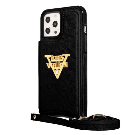 [Crossbody] Louis Vuitton Black Canvas Back Flip Wallet Case iPhone 13 14 Pro Max Xs Max XR 7 8 Plus 12 13 Mini