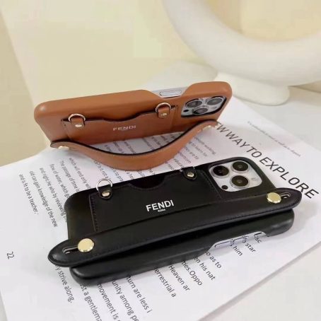 [CROSSBODY]Fendi Leather Card Holder Wristband Case for iPhone 14 13 12 Pro Max