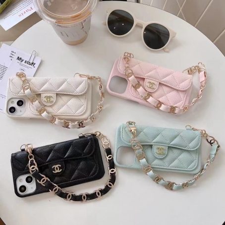 CHANEL Wrist band/Chain Leather Card Holder Case for iPhone 15 14 13 12 11 Pro Max