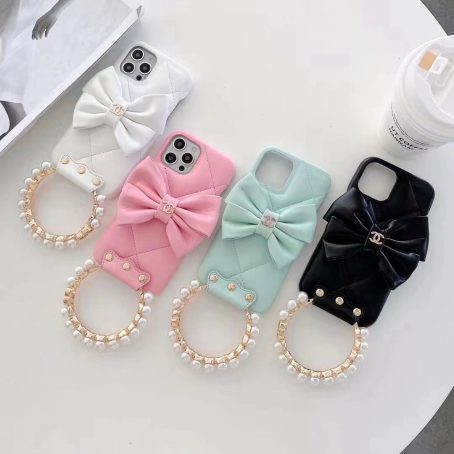 Chanel Soft Leather Bow Bracelet Chain Case for iPhone 15 14 12 13 11 Pro Max