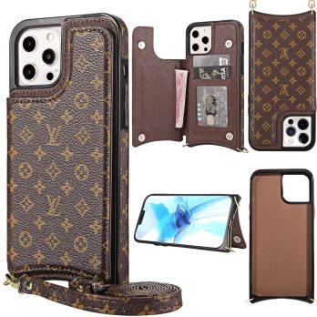 [Crossbody] Louis Vuitton Brown Monogram Back Flip Wallet Case iPhone 14 13 Pro Max Xs Max XR 7 8 Plus 13 12 Mini