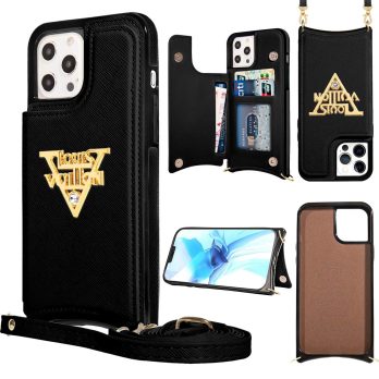 [Crossbody] Louis Vuitton Black Canvas Back Flip Wallet Case iPhone 13 14 Pro Max Xs Max XR 7 8 Plus 12 13 Mini