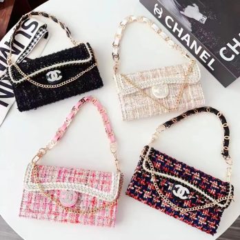 Chanel Tweed Quilted Wrist Chain Case for iPhone 15 14 13 12 11 Pro Max
