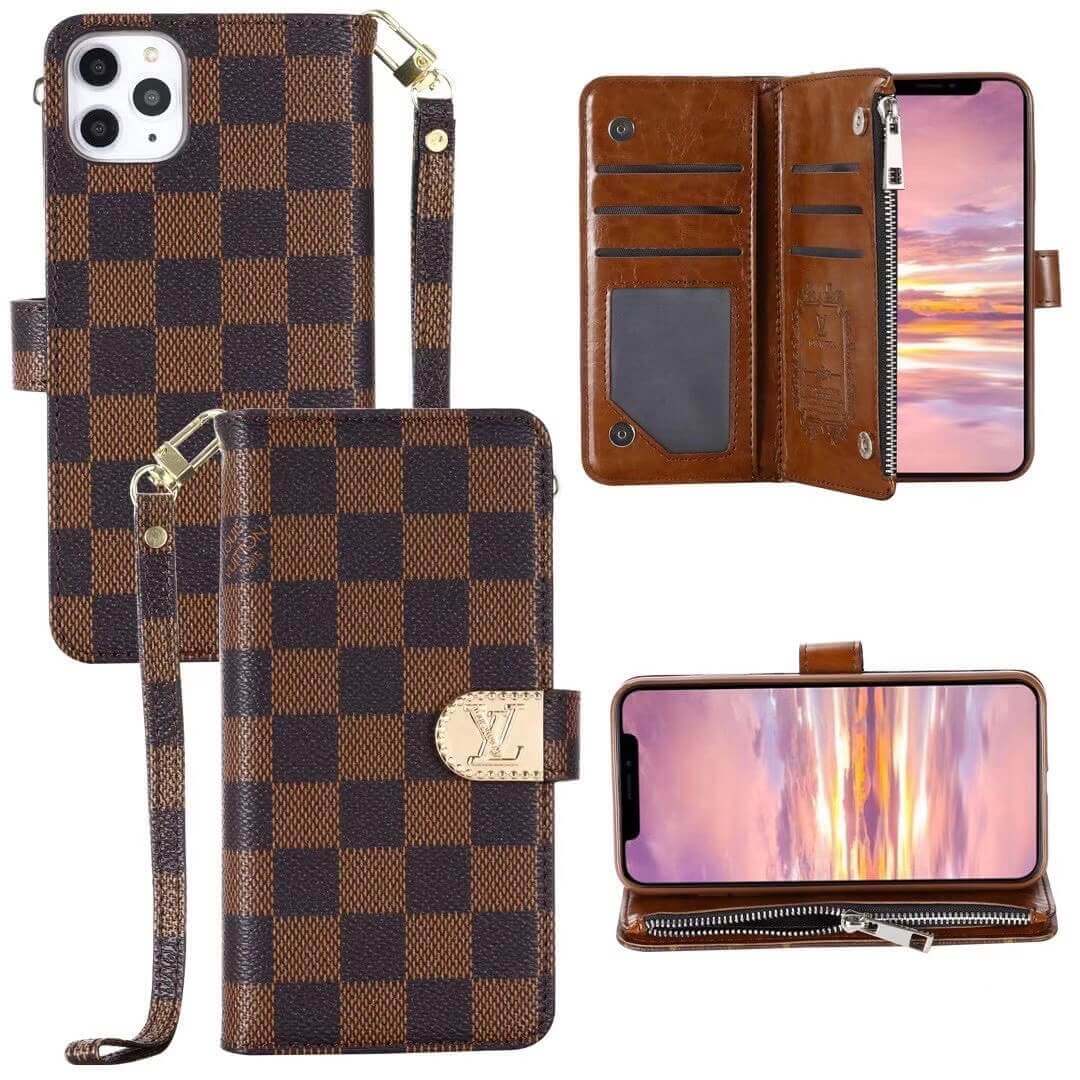 Louis Vuitton Brown Checkered Zipper Wallet iPhone 14/ 13/ 12/ 11 Pro Max Xs Xr 8 Plus Case