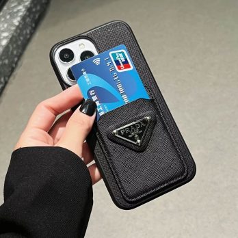 Prada Slim Leather Card Holder Case for iPhone 16 15 14 13 12 11 Pro Max XR Xs 7 8 Plus