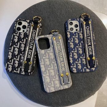 CHRISTIAN DIOR Canvas Wrist Strap Case for iPhone 15 14 13 12 11 Pro Max 7 8 Plus