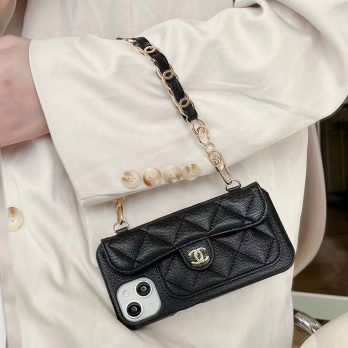 CHANEL Wrist band/Chain Leather Card Holder Case for iPhone 15 14 13 12 11 Pro Max